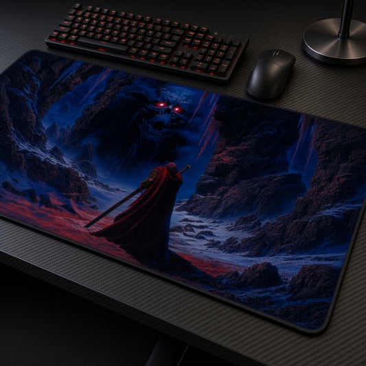 Red Cloak Wanderer Wolf Spirit Cavern Playmat at an angle on a gaming desk