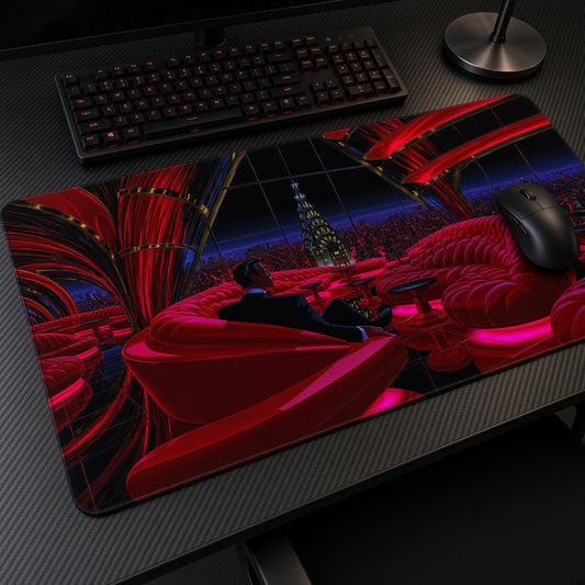 Red Neon Lounge Skyline Playmat at an angle with keyboard and mouse