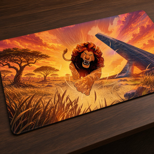 Roaring Lion Savanna Sunset Playmat at an angle on a gaming desk