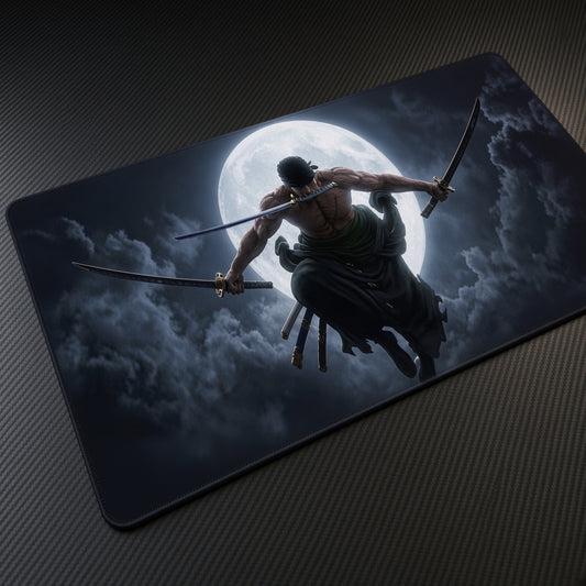 Zoro Santoryu Master playmat at an angle on a gaming desk