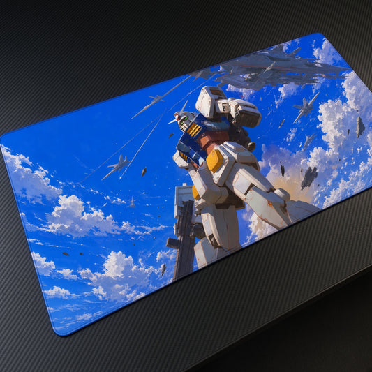 RX-78-2 Gundam Blue Sky Playmat at an angle on a gaming desk