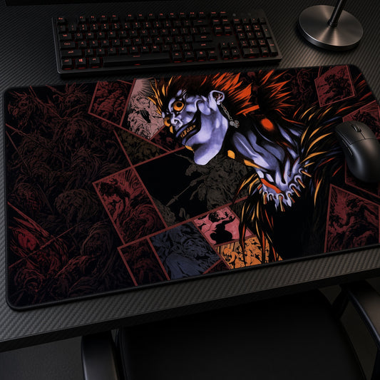 Ryuk Manga Panels Playmat at an angle on a gaming desk