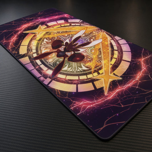Scizor Steel Pincer playmat at an angle on a gaming desk