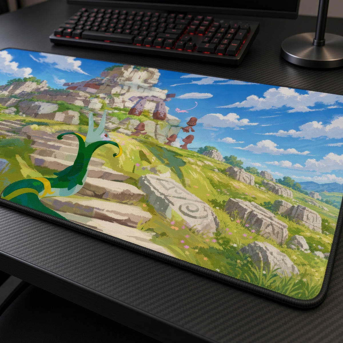 Serperior Ancient Ruins Pokémon Playmat at an angle with keyboard and mouse