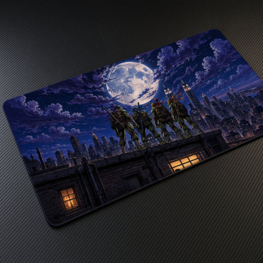Soldiers Full Moon Rooftop Playmat at an angle on a gaming desk