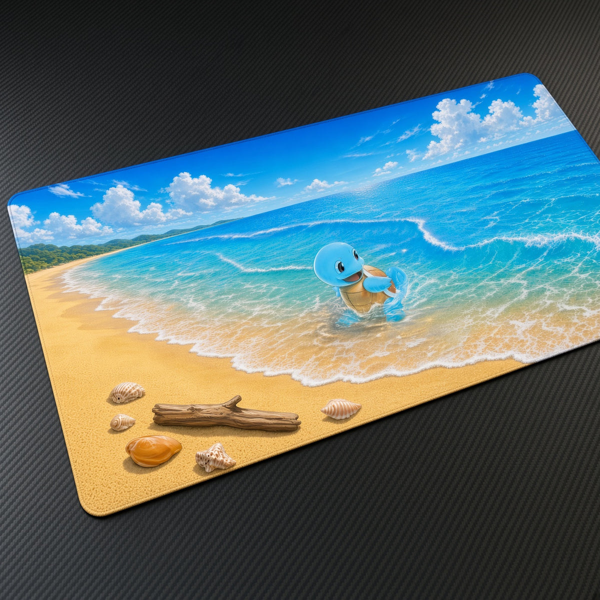 Squirtle Beach Waves Pokémon Playmat at an angle with keyboard and mouse