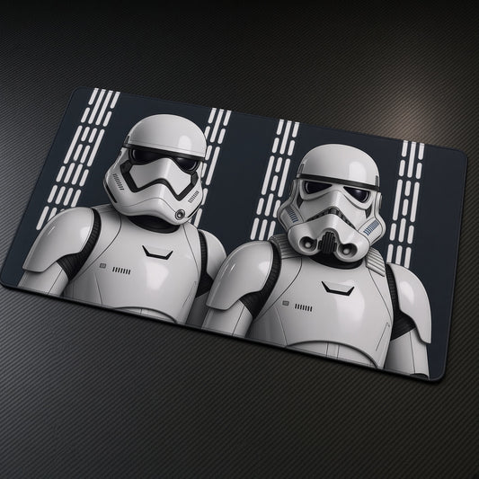 Stormtrooper Imperial March playmat at an angle on a gaming desk