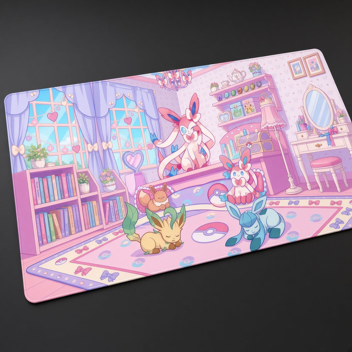Sylveon Leafeon & Glaceon Eevee Room Pokémon Playmat at an angle with keyboard and mouse