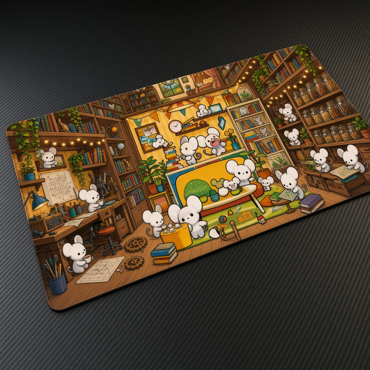 Tandemaus Cozy Library Pokémon Playmat at an angle with keyboard and mouse