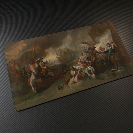 The Battle of La Hogue Benjamin West Playmat at an angle on a gaming desk