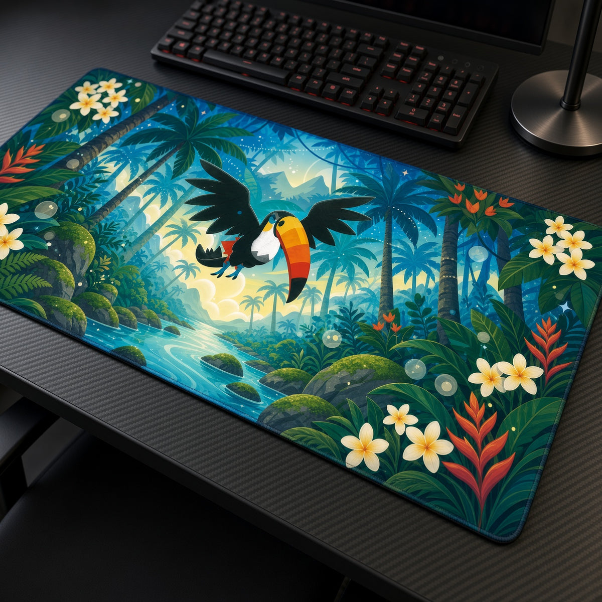 Toucannon Tropical Jungle Pokémon Playmat at an angle with keyboard and mouse