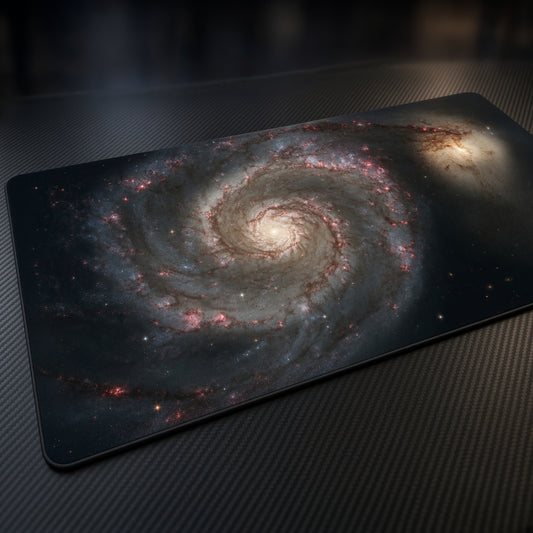 Whirlpool Galaxy M51 (Hubble) Space Playmat at an angle on a gaming desk