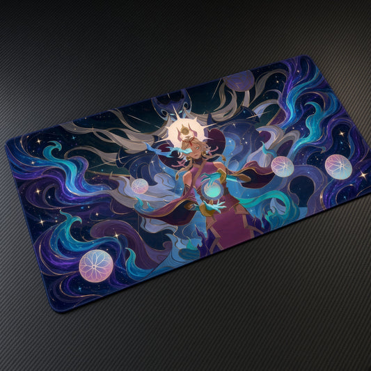 Yunara Spirit Blossom League of Legends Playmat at an angle on a gaming desk