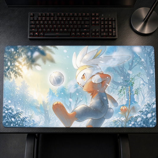 Raboot Snowy Forest Pokémon Playmat on a gaming desk, top-down view
