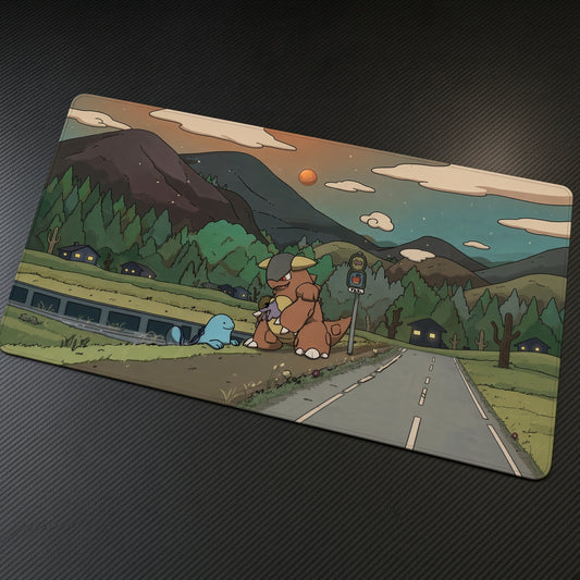 Kangaskhan Countryside Road Pokémon Playmat at an angle on a gaming desk