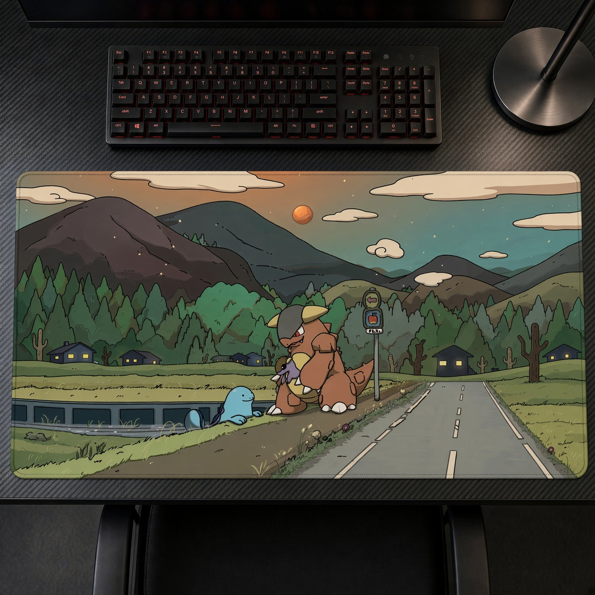 Kangaskhan Countryside Road Pokémon Playmat on a gaming desk, top-down view