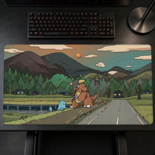 Kangaskhan Countryside Road Pokémon Playmat on a gaming desk, top-down view