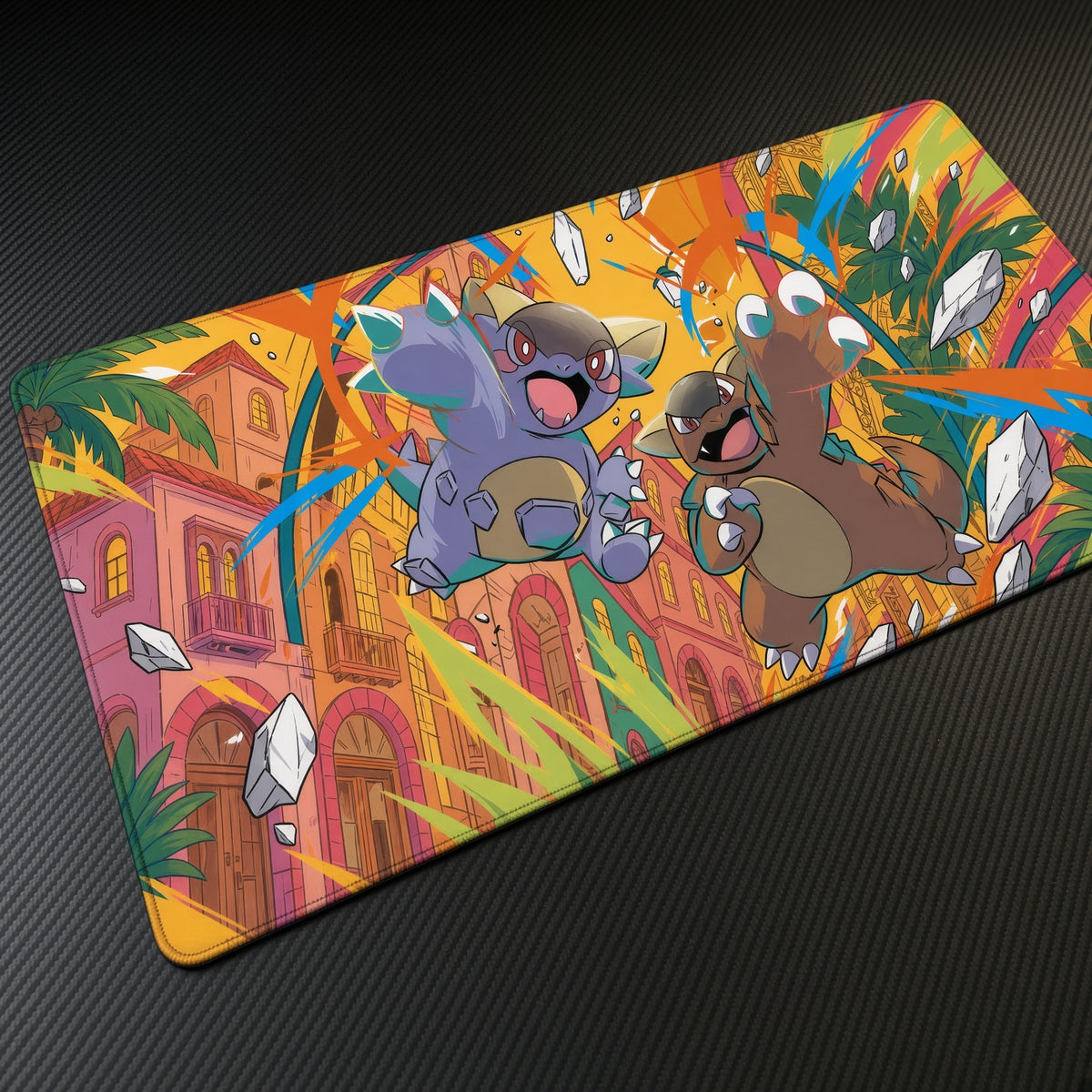 Mega Kangaskhan City Brawl Pokémon Playmat at an angle on a gaming desk