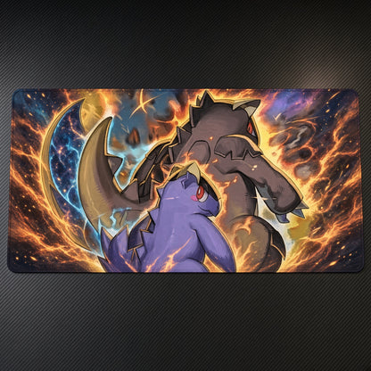 Mega Kangaskhan Cosmic Flames Pokémon Playmat at an angle on a gaming desk