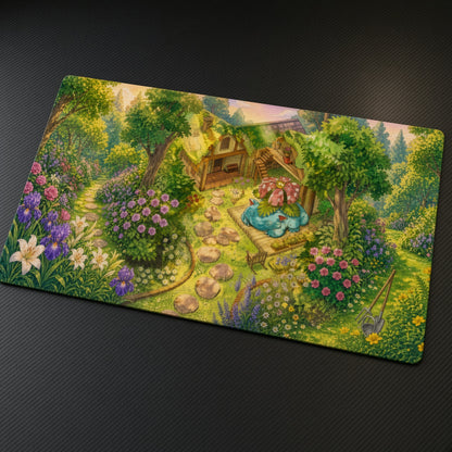 Venusaur Cottage Garden Pokémon Playmat at an angle on a gaming desk