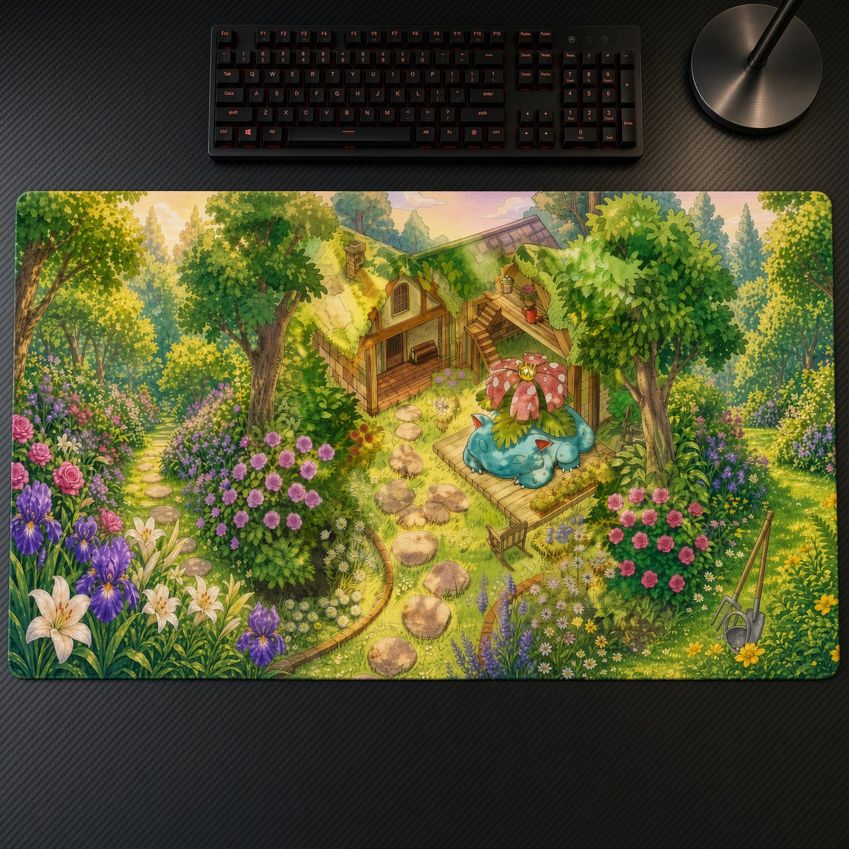 Venusaur Cottage Garden Pokémon Playmat on a gaming desk, top-down view