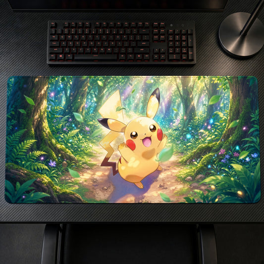 Pikachu Forest Glade Pokémon Playmat on a gaming desk, top-down view