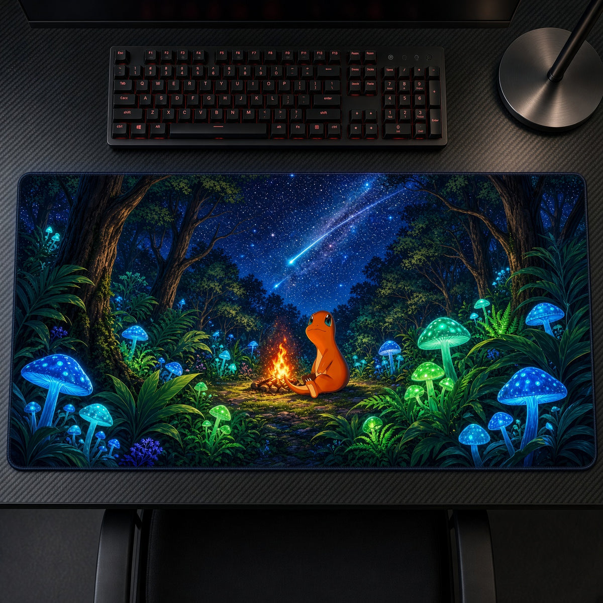 Charmander Campfire Pokémon Playmat on a gaming desk, top-down view
