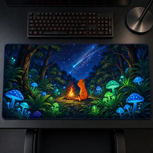 Charmander Campfire Pokémon Playmat on a gaming desk, top-down view