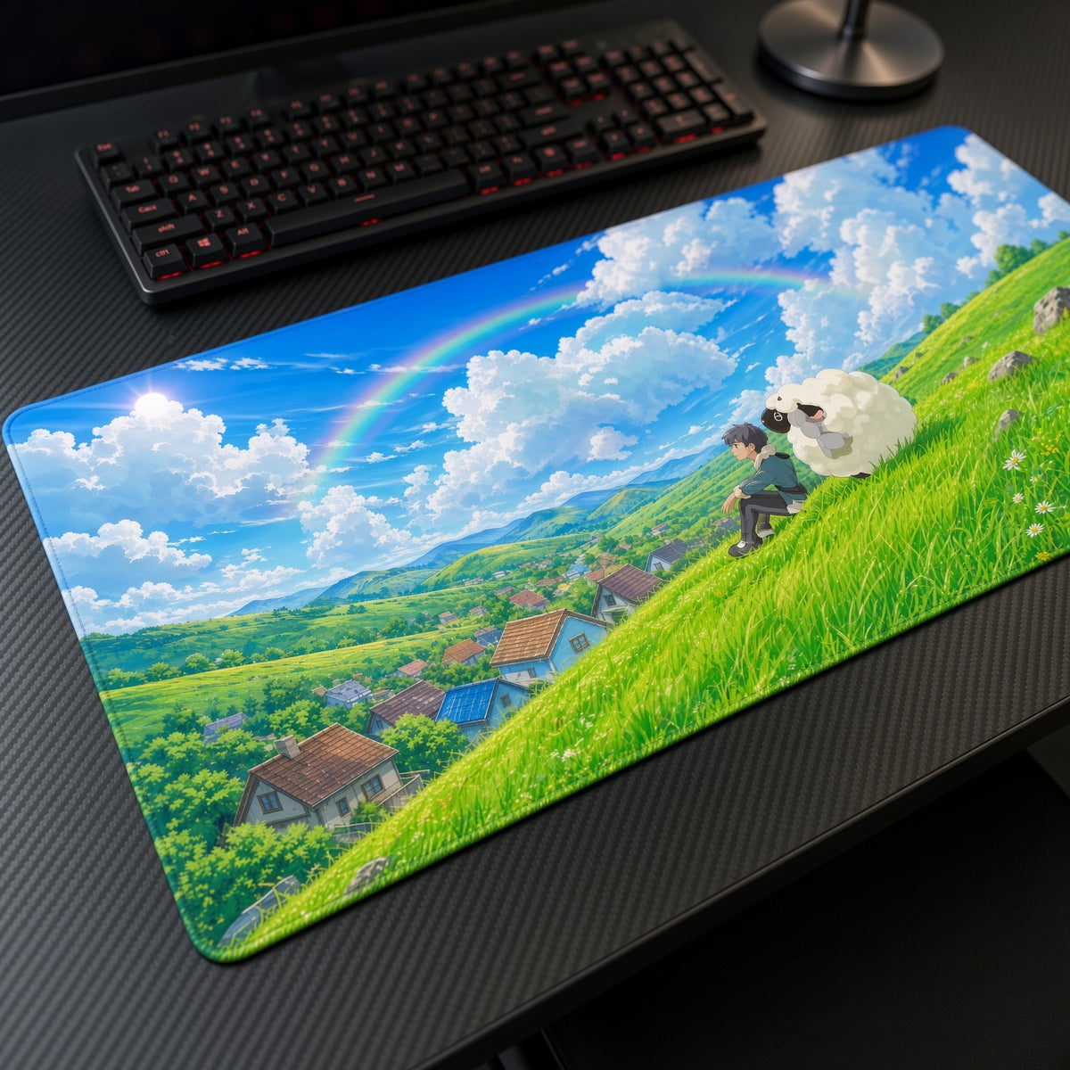 Wooloo Hillside Pokémon Playmat at an angle on a gaming desk