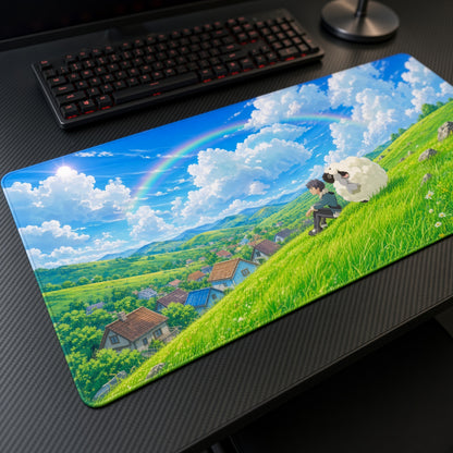Wooloo Hillside Pokémon Playmat at an angle on a gaming desk