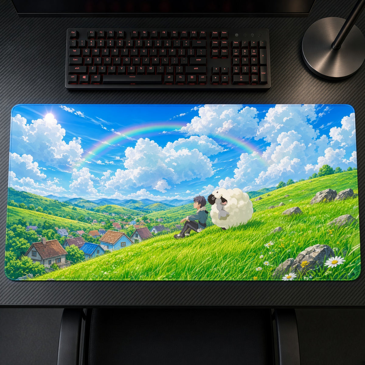 Wooloo Hillside Pokémon Playmat on a gaming desk, top-down view