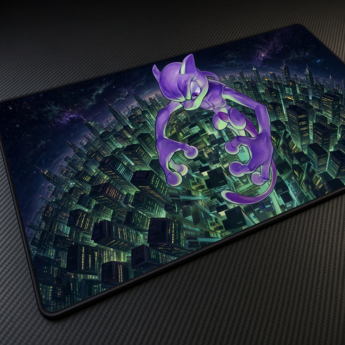 Mewtwo Geometric City Pokémon Playmat at an angle on a gaming desk