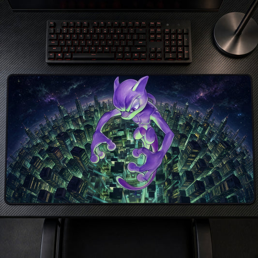 Mewtwo Geometric City Pokémon Playmat on a gaming desk, top-down view