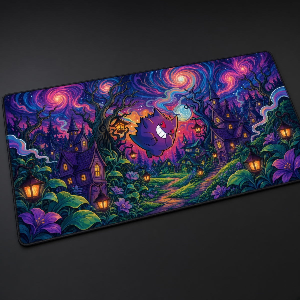 Gengar Neon Village Pokémon Playmat at an angle on a gaming desk