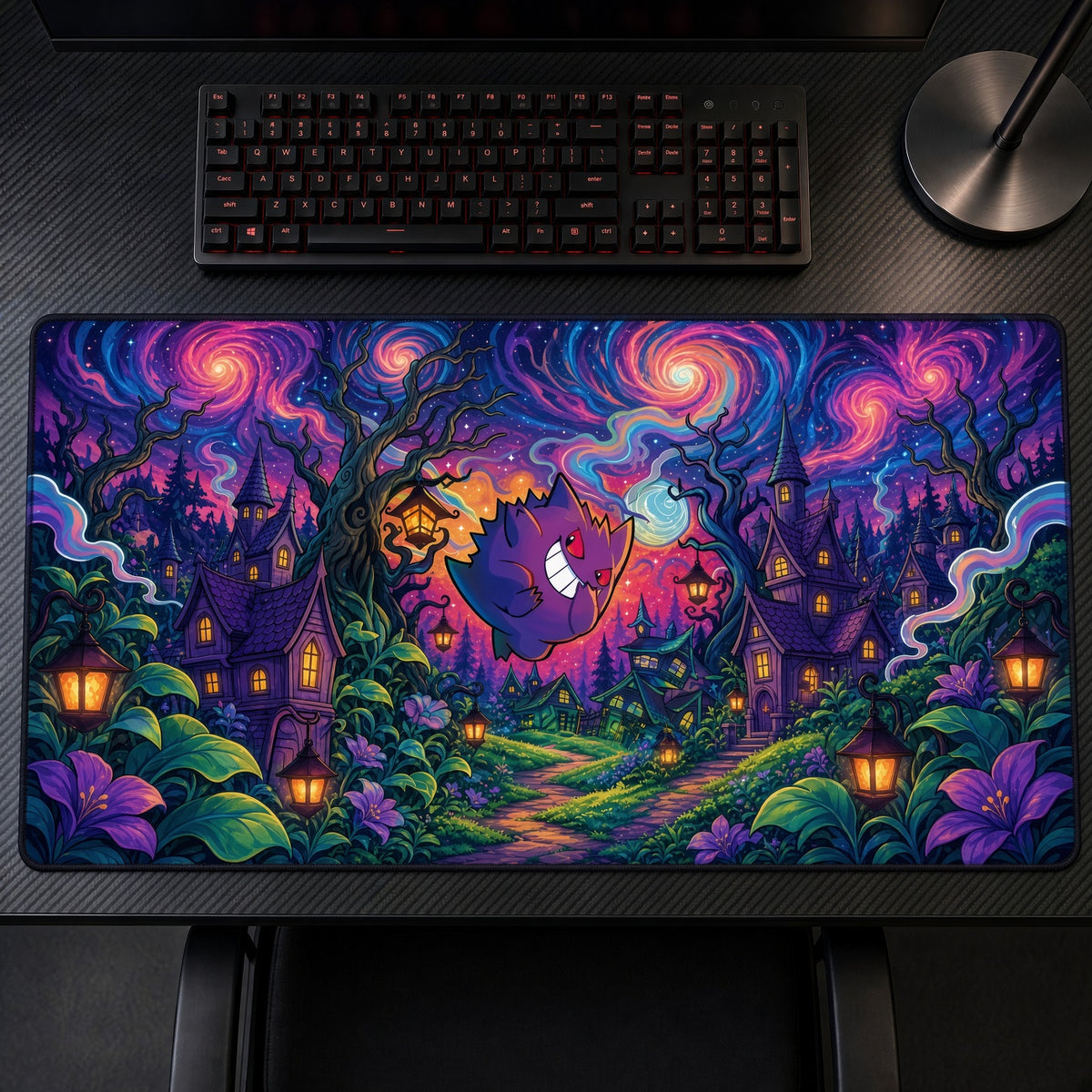 Gengar Neon Village Pokémon Playmat on a gaming desk, top-down view