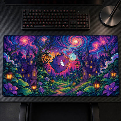 Gengar Neon Village Pokémon Playmat on a gaming desk, top-down view