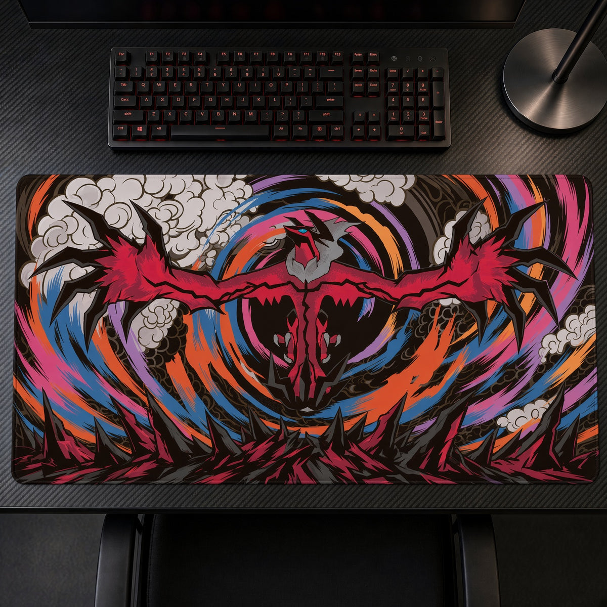 Yveltal Crimson Vortex Pokemon Playmat top-down on desk