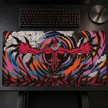 Yveltal Crimson Vortex Pokemon Playmat top-down on desk