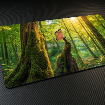 Vivillon Mossy Forest Pokémon Playmat at an angle on a gaming desk