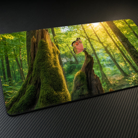 Vivillon Mossy Forest Pokémon Playmat at an angle on a gaming desk