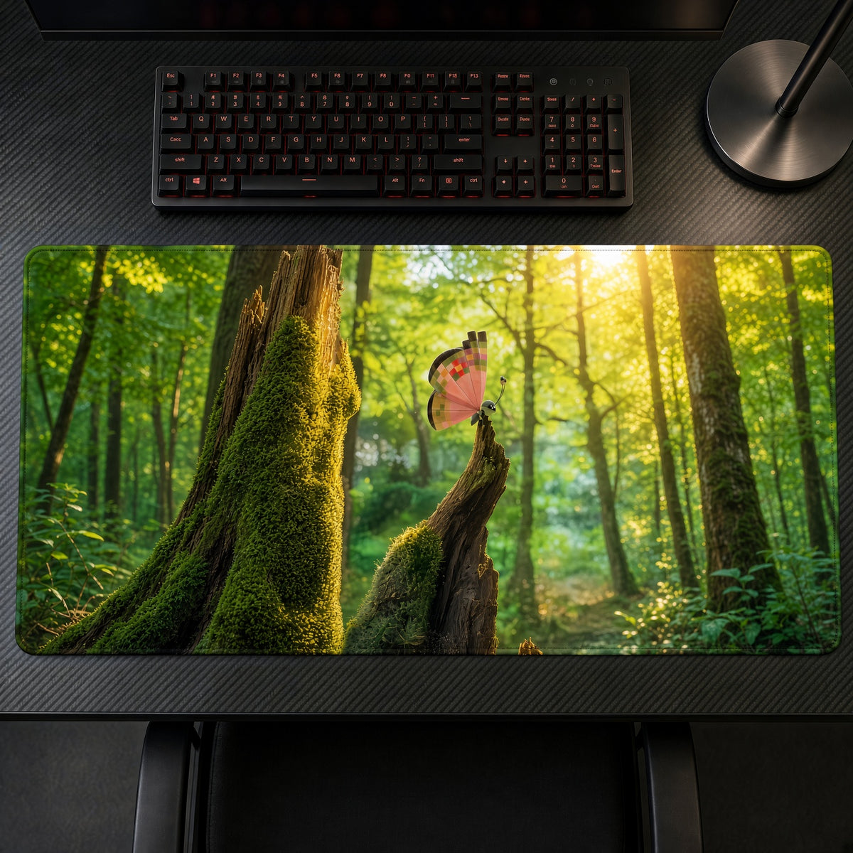 Vivillon Mossy Forest Pokémon Playmat on a gaming desk, top-down view