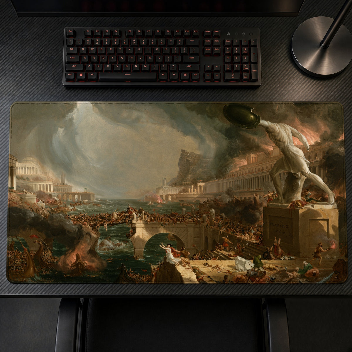 Destruction, The Course of Empire, Thomas Cole playmat top-down on desk