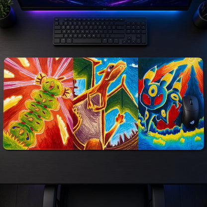 Sunnblum x Togekid collab TCG playmat featuring Natu Tower, Charizard, and Umbreon artwork