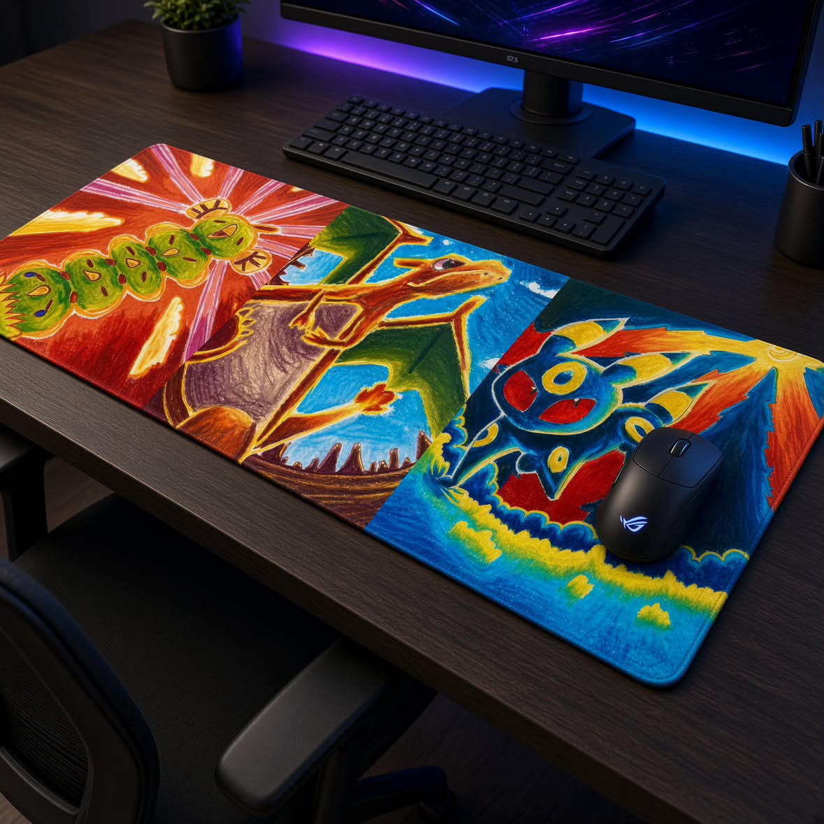 Sunnblum x Togekid collab TCG playmat, second view of the Natu Tower, Charizard, and Umbreon designs