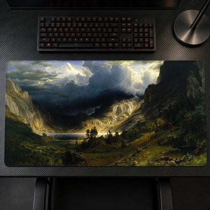 A Storm in the Rocky Mountains Albert Bierstadt Playmat on a gaming desk, top-down view