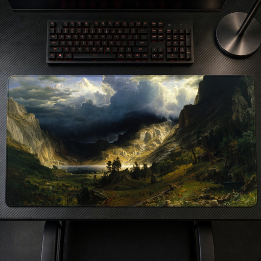 A Storm in the Rocky Mountains Albert Bierstadt Playmat on a gaming desk, top-down view