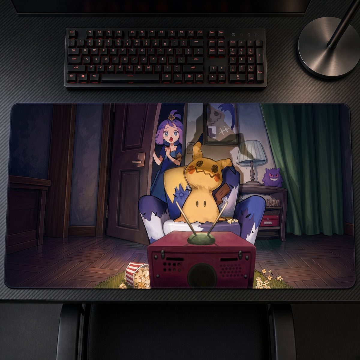 Acerola and Mimikyu Gaming Night Pokémon Playmat on a gaming desk, top-down view