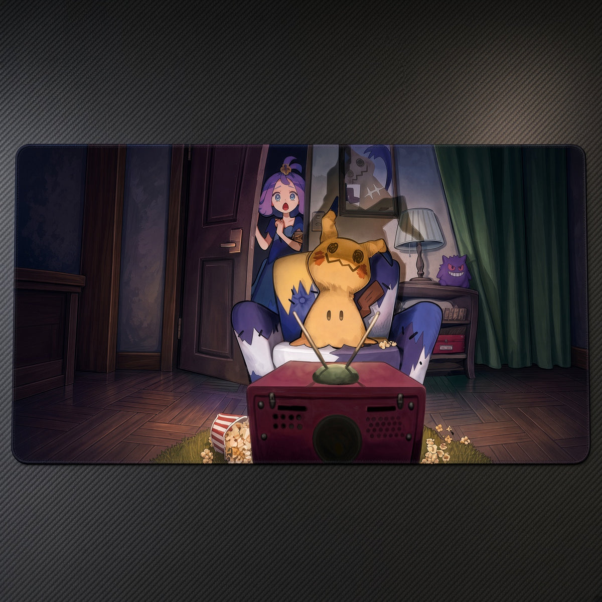 Acerola and Mimikyu Gaming Night Pokémon Playmat at an angle on a gaming desk