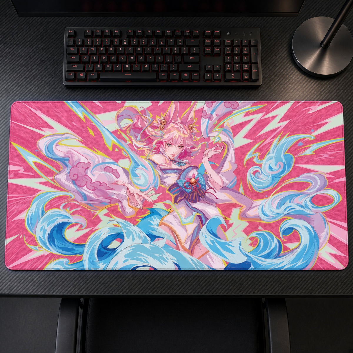 Ahri Pink Waves League of Legends Playmat on a gaming desk, top-down view