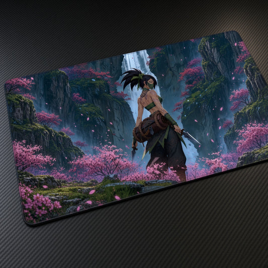 Akali Blossom Waterfall League of Legends Playmat at an angle on a gaming desk